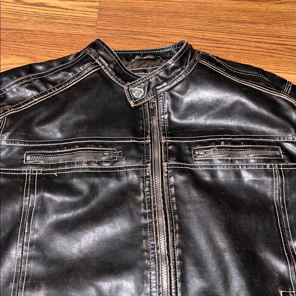 Y2K BLE Athletic Fit Faux Brown Distressed Leather HEAVY Coat Fully Lined Men XL - Picture 3 of 10
